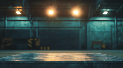 Poster - Industrial metal podium with harsh lighting in warehouse environment