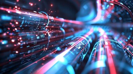 A digital abstract of glowing blue and red lines and data streams.