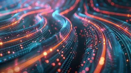 Poster - Abstract 3D illustration of wavy, glowing blue and orange lines and dots.