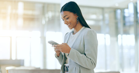 Aufkleber - Businesswoman, typing and communication on phone in office, social media and smile for networking. Happy woman, texting and email or chat on smartphone, mobile app and internet for online research