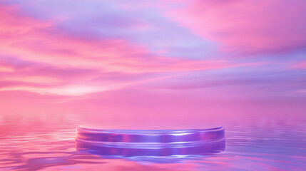 Poster - Tranquil podium with water reflections under vibrant sunset sky