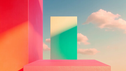 Poster - Modern podium with integrated display screen in vibrant abstract setting