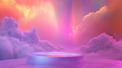 Poster - Futuristic podium with holographic projection in dreamlike sky