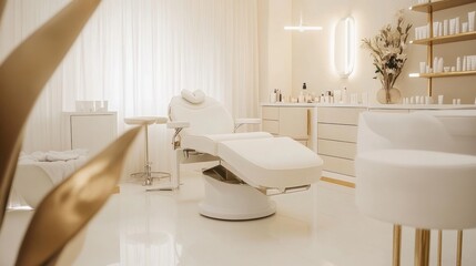Poster - Elegant and serene beauty treatment room with modern decor and soft lighting for relaxation and rejuvenation. Generative AI