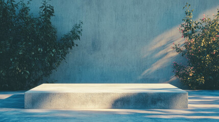 Poster - Textured concrete podium in a minimalist outdoor setting with natural foliage and sunlight