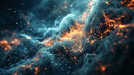 Poster - An abstract rendering of swirling blue and orange particles, with a dark background.