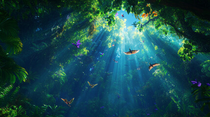 Poster - Majestic rainforest canopy with sunlight streaming through dense trees