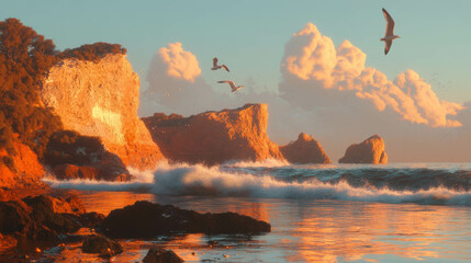 Poster - Dramatic rocky coastline with cliffs and crashing waves at sunset