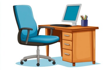 Poster - a 2D cartoon illustration of a home office with a desk, computer, and chair, modern and organized, white background