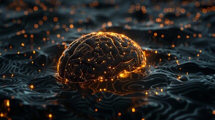 Poster - A digital rendering of the human brain with glowing lights.