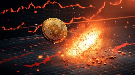 Poster - Bitcoin exploding in front of a financial chart and photograph representing cryptocurrency market trends