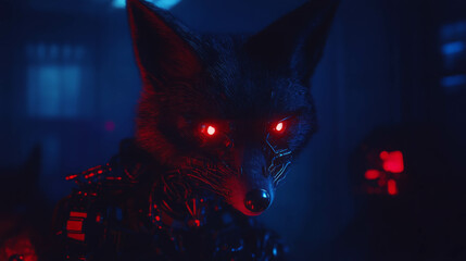 Poster - Futuristic robotic fox with glowing eyes in a dark sci-fi atmosphere