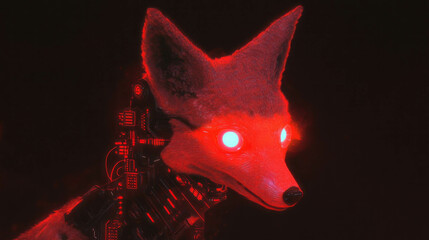 Poster - Futuristic robotic fox with glowing eyes in a dark background for sci-fi and tech design