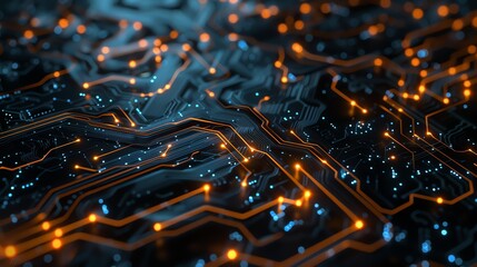Poster - An abstract digital image of a circuit board with glowing orange lines and blue dots.