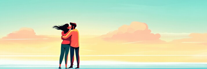 Poster - Romantic couple embraces on a serene beach at sunset with colorful sky and gentle waves. Generative AI