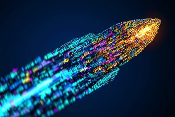Poster - A futuristic spacecraft takes flight amidst a swirl of glowing particles and digital data transmissions