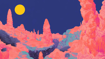 Poster - Enigmatic alien landscape with unusual rock formations under a vibrant moonlit sky