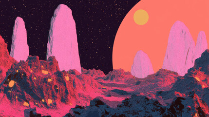 Poster - Mysterious alien landscape with unusual rock formations under starry sky