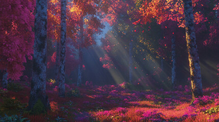 Poster - Enchanting autumn forest with vibrant foliage and sunlight for nature lovers