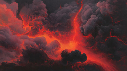 Poster - Fiery volcanic landscape with flowing lava and dramatic clouds