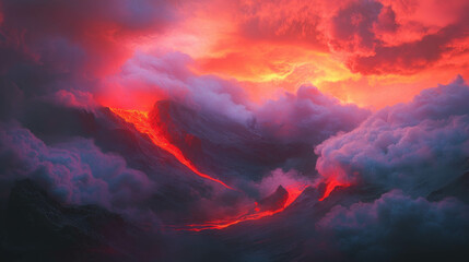 Poster - Fiery volcanic landscape with flowing lava under dramatic sky for nature posters
