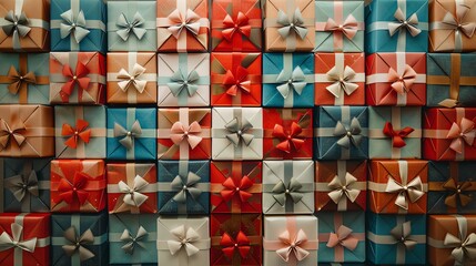 Wall Mural - a wall of wrapped presents with colorful bows.