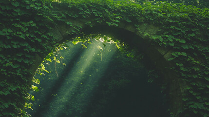 Aufkleber - Enchanting stone archway overgrown with vines in serene forest setting