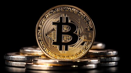 Poster - Bitcoin coin resting on a pile of various coins and a photo background for financial concepts