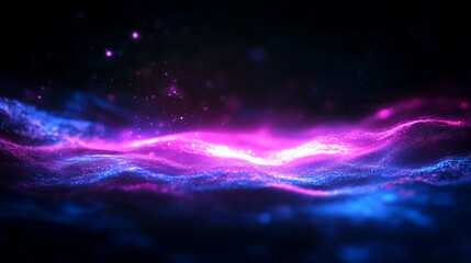 Poster - Abstract cosmic landscape with vibrant light particles on dark background