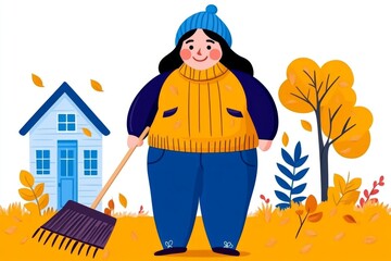 Wall Mural - a 2D cartoon illustration of a person raking leaves in the front yard, neat and organized, white background