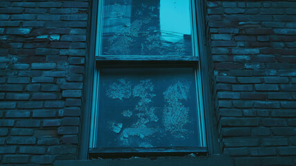 Poster - Weathered brick wall with chipped masonry and aged window design for urban aesthetic