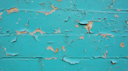 Poster - Weathered brick wall with peeling turquoise paint texture for vintage design