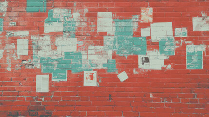 Poster - Urban street art graffiti on red brick wall with weathered posters