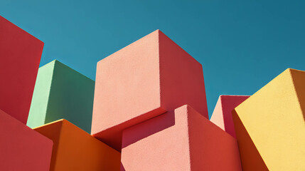 Poster - Vibrant geometric building blocks under clear blue sky for design projects