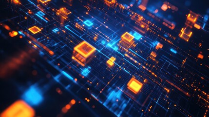 Poster - Abstract digital network, glowing nodes, data flow, dark background, tech illustration