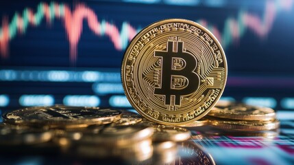 Poster - Close up of bitcoin cryptocurrency coins stacked on a reflective surface with digital background