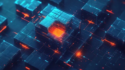 Poster - Abstract glowing cubes, network data, digital technology, futuristic background, tech concept