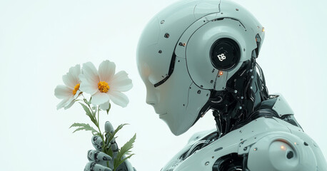 Poster - A futuristic humanoid robot gently holds a flower, representing harmony between technology and nature, conveying a peaceful message in a serene environment.