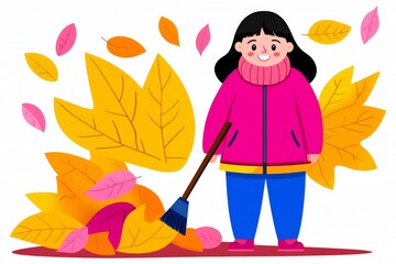 Wall Mural - a 2D cartoon illustration of a person sweeping leaves off the driveway, tidy and active, white background