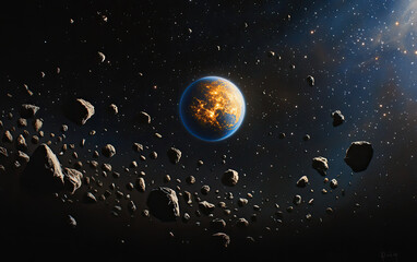 Wall Mural - a vibrant planet surrounded by floating asteroids in the vastness of space, showcasing the beauty an