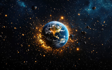 Wall Mural - a dramatic view of earth surrounded by fiery explosions and asteroids in the vastness of space, depi
