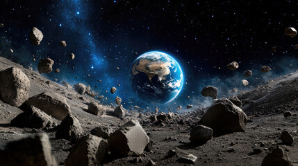 Wall Mural - a breathtaking view of earth from the moon, surrounded by cosmic space debris and illuminated by dis