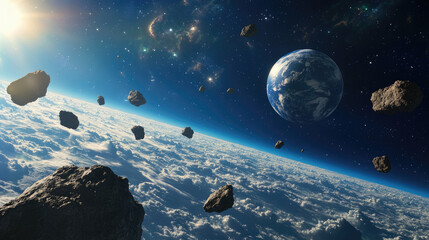 Wall Mural - a breathtaking view of space featuring earth, swirling clouds, and floating asteroids illuminated by