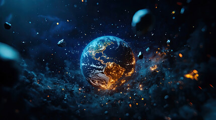 Wall Mural - a stunning visualization of earth amidst a cosmic backdrop, surrounded by asteroids and glowing part