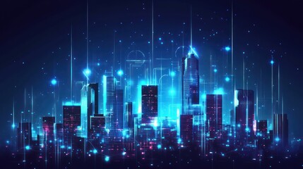 Poster - Futuristic city glowing at night, digital lines, technology