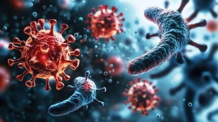 Poster - Group of various viruses in a microscopic view with detailed structures and features