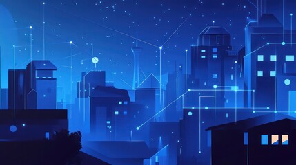 Poster - Night city, digital network, connection, futuristic cityscape, technology background, website banner