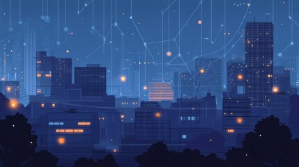 Poster - Night cityscape, digital network, glowing buildings, data connections, tech banner