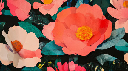 Poster - Vibrant cardboard cutout flowers with painted details on dark background for artistic design