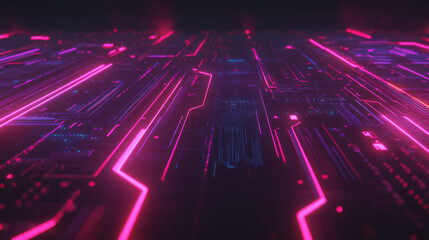 Poster - Glowing circuit board pattern with futuristic neon lights for technology design